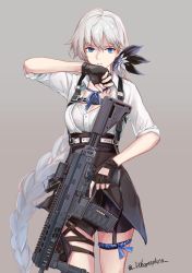 Rule 34 | 1girl, absurdres, ammunition, apc556, apc556 (girls&#039; frontline), black gloves, black shorts, black skirt, blonde hair, blue eyes, braid, braided ponytail, breasts, carbine, closed mouth, feet out of frame, fingerless gloves, flower, girls&#039; frontline, gloves, grey background, gun, hair flower, hair ornament, harness, highres, holding, holding gun, holding weapon, lithographica, long hair, looking at viewer, shirt, shorts, skirt, solo, standing, suspender skirt, suspenders, twitter username, vertical forward grip, very long hair, weapon, white shirt, window magazine