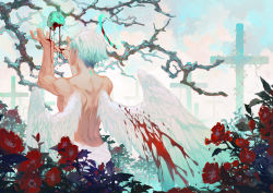 Rule 34 | 1boy, angel, angel wings, apple, arsh (thestarwish), blood, blood on arm, blood on hands, bloody wings, branch, cloud, cloudy sky, facing away, feathered wings, flower, food, from behind, fruit, graveyard, halo, hands up, male focus, original, red flower, short hair, sky, solo, tombstone, topless male, upper body, white hair, white wings, wings
