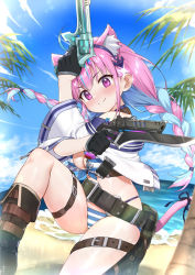 Rule 34 | 1girl, animal ear fluff, animal ears, belt, belt pouch, bikini, black belt, black gloves, blue hair, blue sky, blush, boots, braid, breasts, cat ears, cat girl, cat tail, cleavage, closed mouth, cropped jacket, day, dual wielding, extra ears, gloves, gun, handgun, holding, holding gun, holding weapon, hololive, jacket, knee boots, looking at viewer, medium breasts, minato aqua, open clothes, open jacket, outdoors, palm tree, pink hair, pistol, pouch, purple eyes, revolver, ribbon, sky, smile, solo, striped bikini, striped clothes, swimsuit, tail, tail ornament, tail ribbon, thigh strap, tree, try (lsc), twin braids, twintails, virtual youtuber, weapon, white jacket