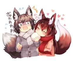 Rule 34 | 2girls, ^^^, animal ears, coat, commentary request, eating, closed eyes, fox ears, fox girl, fox tail, hair between eyes, highres, long hair, multiple girls, multiple tails, original, red scarf, scarf, sukemyon, sweatdrop, tail, translation request