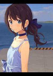 Rule 34 | 1girl, arms at sides, black hair, blue bow, blue dress, blue eyes, blue ribbon, blurry, blush, bow, closed mouth, day, depth of field, dress, from side, hair bow, hair ribbon, kinta (distortion), letterboxed, light smile, long hair, looking at viewer, ocean, original, outdoors, overcast, ponytail, ribbon, sidelocks, sky, smile, solo, spaghetti strap, wavy hair
