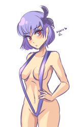 Rule 34 | 1girl, ayane (doa), bad id, bad tumblr id, blush, breasts, dead or alive, drcockula, headband, highres, navel, purple hair, red eyes, short hair, slingshot swimsuit, solo, swimsuit