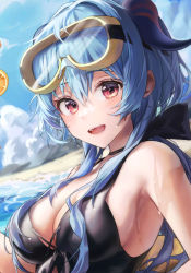 Rule 34 | 1girl, absurdres, ahoge, armpits, bare shoulders, blue hair, blush, breasts, ganyu (genshin impact), genshin impact, goat horns, goggles, goggles on head, highres, horns, large breasts, long hair, looking at viewer, nagul, ocean, purple eyes, smile, solo, swimsuit, unfinished, wet
