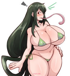 Rule 34 | 1girl, asui tsuyu, bikini, boku no hero academia, breasts, cleavage, curvy, covered erect nipples, green hair, huge breasts, long hair, looking at viewer, pinkkoffin, solo, swimsuit, thick thighs, thighs, tongue, tongue out, very long hair, wide hips