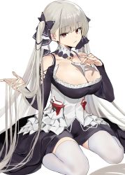 Rule 34 | 1girl, absurdres, azur lane, bare shoulders, between breasts, blush, breasts, cleavage, dress, female focus, formidable (azur lane), frilled dress, frills, grey hair, highres, huge filesize, jikatarou, large breasts, long hair, looking at viewer, maid, maid headdress, red eyes, ribbon, simple background, sitting, thighhighs, twintails, two-tone dress, two-tone ribbon, very long hair, wariza, white background, white thighhighs