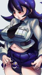 Rule 34 | 1girl, between legs, blue hair, blush, breasts, clothes lift, cowboy shot, filia (skullgirls), highres, large breasts, looking at another, looking down, navel, necktie, noblood (ryandomonica), pleated skirt, plump, pout, red eyes, samson (skullgirls), school uniform, skirt, skirt lift, skullgirls, smile, white background, yellow eyes