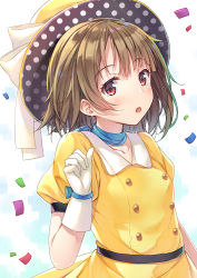 Rule 34 | 1girl, artist name, artist request, blue bow, blue choker, blue sky, blush, bow, bow gloves, breasts, brown hair, buttons, choker, clenched hand, cloud, collarbone, collared shirt, day, female focus, gloves, grey hair, hat, hat bow, light brown hair, looking at viewer, love live!, love live! nijigasaki high school idol club, love live! school idol festival, nakasu kasumi, outdoors, parted lips, polka dot, polka dot headwear, polka dot skirt, poppin&#039; up (love live!), puffy short sleeves, puffy sleeves, purple eyes, red eyes, shirt, short hair, short sleeves, simple background, skirt, sky, small breasts, smile, solo, tomo wakui, top hat, white bow, white gloves, yellow hat, yellow shirt, yellow skirt