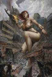 Rule 34 | 1girl, aircraft, animal print, bikini, bracelet, broken glass, building, car, city, dc comics, fire, giant, giantess, giganta, glass, helicopter, highres, jewelry, leopard print, midriff, motor vehicle, ruins, sign, size difference, swimsuit, vehicle, wonder woman (series)