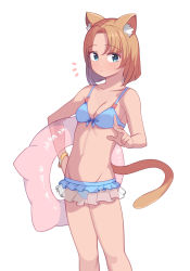 Rule 34 | 1girl, animal ear fluff, animal ears, bare arms, bare shoulders, bikini, blue bikini, blue eyes, breasts, brown hair, cat ears, cat girl, cat tail, collarbone, groin, hand on own hip, highres, holding, holding swim ring, innertube, looking at viewer, medium hair, navel, original, saiste, simple background, small breasts, solo, stomach, swim ring, swimsuit, tail, white background