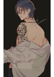 Rule 34 | 1boy, arm tattoo, back, bare shoulders, black background, blue hair, butchi, clothes down, earrings, from behind, hair over eyes, highres, jewelry, kanbayashi yohei, looking at viewer, looking to the side, male focus, mole, mole under mouth, multicolored background, necklace, pants, paradox live, pillarboxed, short hair, solo, tattoo, tribal tattoo, white background, yellow eyes