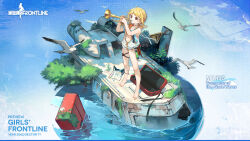 Rule 34 | 1girl, ahoge, ankle ribbon, armband, barefoot, bikini, bird, blonde hair, blue armband, blue background, broken glass, commentary, english commentary, english text, feet, flower, flower request, foliage, full body, girls&#039; frontline, glass, grass, highres, holding trumpet, instrument, instrument case, kinoshita neko, leg ribbon, mask, music, nagant revolver (girls&#039; frontline), nagant revolver (trumpeter of the azure waves) (girls&#039; frontline), nature, navel, neck ribbon, object request, official alternate costume, official art, orange bikini, orange nails, partially immersed, partially unzipped, playing instrument, red eyes, ribbon, rope, scope, seagull, second-party source, see-through mask, see-through vest, shadow, short hair with long locks, sign, simple background, solo, standing, swimsuit, thigh strap, toenails, toes, transparent background, trumpet, unworn mask, vehicle request, warning sign, water, white bird, white flower, wreckage, zipper