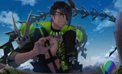Rule 34 | 1boy, abs, absurdres, aragami oga, black collar, black hair, black nails, black shirt, bush, chest guard, cloud, collar, creature, dark-skinned male, dark skin, day, demon boy, earrings, eyepatch, fingernails, gem, giant, green eyes, green gemstone, grin, hair over one eye, high collar, highres, holostars, horns, jewelry, looking at another, male focus, mountain, necktie, omaesan (aragami oga), open clothes, open shirt, pectoral cleavage, pectorals, pointy ears, sasago335, sharp fingernails, sharp teeth, shirt, short hair, shoulder spikes, single horn, sleeves rolled up, smile, spikes, tail, teeth, upper body, virtual youtuber, waving