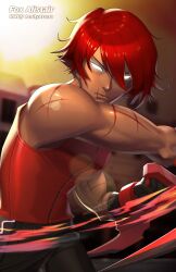 1boy black_pants character_name closed_mouth copyright_name dark-skinned_male dark_skin day fox_alistair glowing glowing_eyes highres holding holding_weapon lens_flare motion_blur no_pupils official_art pants red_hair red_shirt rwby scar scar_on_arm scar_on_face scar_on_mouth shirt short_hair signature solo sun sunlight toned toned_male uyalago v-shaped_eyebrows weapon