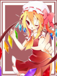Rule 34 | 1girl, ascot, collared shirt, crystal, flandre scarlet, frilled skirt, frilled sleeves, frills, gon (poppungt1992), hair between eyes, hat, holding, mob cap, multicolored wings, one eye closed, open mouth, pointing, pointing at viewer, puffy short sleeves, puffy sleeves, red background, red eyes, red ribbon, red skirt, ribbon, ribbon-trimmed headwear, ribbon-trimmed sleeves, ribbon trim, shirt, short sleeves, simple background, skirt, solo, touhou, white background, wings, yellow ascot