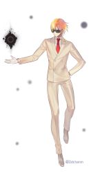 Rule 34 | 1boy, bad id, bad twitter id, buttons, closed mouth, dd (vktr4837), double-breasted, energy ball, fate (series), floating, formal, gloves, koha-ace, male focus, maxwell&#039;s demon (fate), necktie, orange hair, red necktie, simple background, smile, solo, suit, sunglasses, twitter username, white background, white gloves