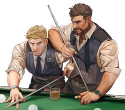 Rule 34 | 2boys, ball, beard, billiard ball, black hair, blonde hair, blue vest, cigarette, closed mouth, cue stick, cup, facial hair, highres, holding, holding cigarette, holding cue stick, holding cup, male focus, multiple boys, necktie, nez, overwatch, overwatch 1, pool table, reaper (overwatch), shirt, short hair, soldier: 76 (overwatch), table, vest, watch, white shirt, wristwatch
