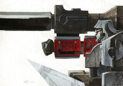 Rule 34 | arm cannon, decepticon, from side, frown, marble-v, mecha, megatron, orange eyes, painting (medium), profile, robot, solo, traditional media, transformers, weapon, white background