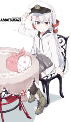 Rule 34 | 1girl, amatsukaze (kancolle), black thighhighs, boots, brown eyes, chair, character name, closed mouth, hair tubes, hat, high heel boots, high heels, hood, hoodie, kantai collection, long hair, long sleeves, looking at viewer, official alternate costume, peaked cap, shigino sohuzi, silver hair, sitting, smile, solo, thighhighs, two side up, white background, white hoodie