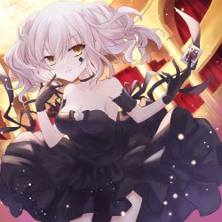 armband, bare shoulders, black choker, black dress, black gloves, breasts, card, chandelier, choker, cleavage, collarbone, column, commentary request, cowboy shot, dot nose, dress, dutch angle, eyebrows visible through hair, finger to cheek, floating hair, gloves, grin, hair between eyes, hand up, highres, indoors, layered skirt, lesyef103, medium breasts, open hand, open mouth, original, outstretched arm, pillar, playing card, queen of spades, red curtains, short twintails, sidelocks, skirt, sleeveless, smile, spade (shape), strapless, strapless dress, tattoo, teeth, twintails, white hair, yellow eyes