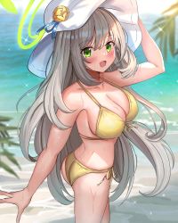 Rule 34 | 1girl, :d, ame sagari, arm up, ass, bare shoulders, beach, bikini, blue archive, breasts, cleavage, collarbone, flower, front-tie bikini top, front-tie top, green eyes, grey hair, halo, halterneck, hat, hat flower, highres, large breasts, long hair, looking at viewer, nonomi (blue archive), nonomi (swimsuit) (blue archive), open mouth, side-tie bikini bottom, smile, solo, standing, strap gap, string bikini, sun hat, swimsuit, thighs, very long hair, wet, white hat, yellow bikini