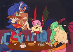 Rule 34 | 5girls, angry, bare shoulders, bat wings, blue hair, blue skin, blush stickers, booth seating, bored, breasts, cleavage, cleavage cutout, closed eyes, clothing cutout, colored skin, drink, elbow gloves, felicia (vampire), food, gloves, green hair, hpargonohp, large breasts, lei lei, lilith aensland, long hair, morrigan aensland, multiple girls, navel, pink hair, q-bee, short hair, sitting, sleeveless, small breasts, table, vampire (game), wings