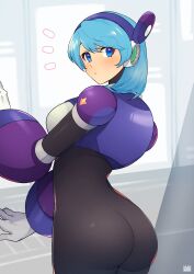 Rule 34 | 1girl, android, armor, ass, black bodysuit, blue eyes, blue hair, blush, bodysuit, closed mouth, commentary request, highres, looking at viewer, looking back, mechanical ears, medium hair, mega man: maverick hunter x, mega man (series), mega man x (series), navigator (mega man), signature, skin tight, solo, tobitori