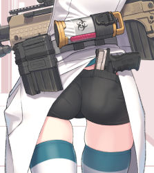 Rule 34 | 1girl, ass, ass focus, assault rifle, biohazard symbol, biological weapon, black shorts, buckle, bullpup, coat, commentary, commentary request, duplicate, eotech, flashlight, gun, handgun, holding, holding gun, holding weapon, hs2000, kel-tec rfb, lab coat, load bearing equipment, magazine (weapon), optical sight, original, partial commentary, pistol, pocket, rifle, samaru (seiga), semi-automatic firearm, semi-automatic rifle, short shorts, shorts, skindentation, snap-fit buckle, solo, springfield armory xd, striped clothes, striped thighhighs, tactical light, thighhighs, tight clothes, weapon, weapon of mass destruction, white coat