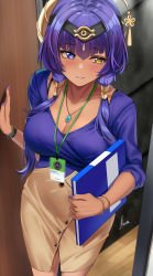 Rule 34 | 1girl, alternate costume, binder, blue eyes, blue hair, blue shirt, blush, bracelet, breasts, brown skirt, candace (genshin impact), cleavage, commentary, dark-skinned female, dark skin, english commentary, genshin impact, hair ornament, heterochromia, highres, id card, jewelry, lanyard, large breasts, long hair, long sleeves, nail polish, name tag, necklace, parted lips, piukute062, purple nails, shirt, shirt tucked in, signature, skirt, smile, solo, watch, wristwatch, yellow eyes