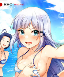 Rule 34 | 2girls, ahoge, bare shoulders, bikini, blue bikini, blue eyes, blue hair, blue sky, blush, breast hold, breasts, cleavage, closed eyes, collarbone, covering breasts, covering privates, day, hair ornament, hairclip, highres, idolmaster, idolmaster (classic), idolmaster million live!, idolmaster million live! theater days, jai (whany1998), jewelry, long hair, looking at viewer, medium breasts, miura azusa, multiple girls, necklace, ocean, open mouth, outstretched arm, parted bangs, recording, shiraishi tsumugi, short hair, silver hair, sky, smile, striped bikini, striped clothes, sunlight, swimsuit, white bikini
