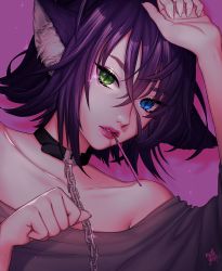 Rule 34 | animal ear fluff, animal ears, bare shoulders, blue eyes, choker, clenched hands, fang, fang out, food, green eyes, heterochromia, original, pocky, purple hair, redrawn, shari cote, thick lips