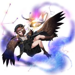 Rule 34 | 1girl, artist request, beret, bird legs, black hat, black jacket, book, breasts, brown hair, brown wings, clover theater, eyewear strap, feathered wings, full body, glasses, harpy, hat, jacket, long hair, looking at viewer, monster girl, norris (clover theater), official art, open book, purple eyes, shirt, sleeveless, sleeveless shirt, solo, transparent background, unworn eyewear, white shirt, winged arms, wings