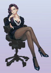 Rule 34 | 1girl, black bra, black footwear, blue eyes, blush, bra, breasts, brown pantyhose, chair, cleavage, closed mouth, collarbone, formal, glasses, gradient background, highres, jewelry, jonpei, large breasts, long hair, mole, mole under mouth, necklace, office chair, office lady, original, pantyhose, pink lips, purple hair, sitting, sketch, solo, suit, swivel chair, underwear