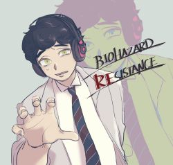 Rule 34 | 1boy, absurdres, artist name, black hair, bukihuman, copyright name, curly hair, earphones, green eyes, grey background, highres, jewelry, male focus, martin sandwich, necklace, open mouth, resident evil, resident evil: resistance, solo