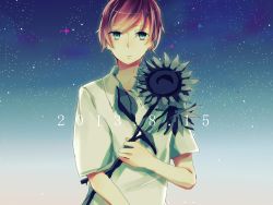 Rule 34 | 1boy, artist request, bad id, bad pixiv id, blue eyes, dated, flower, gradient background, holding, holding flower, looking at viewer, male focus, outdoors, plant, red hair, shirt, sky, solo, star (sky), starry sky, sunflower, upper body, white shirt