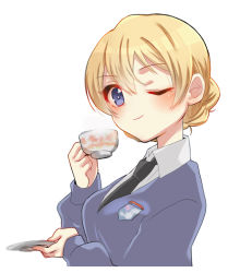 Rule 34 | 1girl, ;d, bad id, bad pixiv id, black necktie, blonde hair, blue eyes, blue sweater, blush, braid, closed mouth, commentary request, cup, darjeeling (girls und panzer), dress shirt, emblem, girls und panzer, holding, holding cup, holding saucer, kumasawa (dkdkr), long sleeves, necktie, one eye closed, open mouth, saucer, school uniform, shirt, short hair, simple background, smile, solo, st. gloriana&#039;s (emblem), st. gloriana&#039;s school uniform, sweater, teacup, twin braids, v-neck, white background, white shirt, wing collar