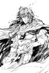 Rule 34 | 1boy, armor, bags under eyes, blood, blood on face, broken halo, cape, commentary, constantine xi (fate), earrings, fate/grand order, fate (series), gloves, greyscale, hair between eyes, halo, highres, jewelry, long hair, looking at viewer, male focus, monochrome, outstretched hand, parted lips, solo, umu (um), upper body, white background