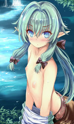 Rule 34 | 10s, 1girl, black bow, blue eyes, blush, bow, closed mouth, commentary request, elf, flat chest, goblin slayer!, green hair, hair bow, high elf archer (goblin slayer!), kumakou, long hair, looking at viewer, nature, nipples, outdoors, pointy ears, solo, water, waterfall