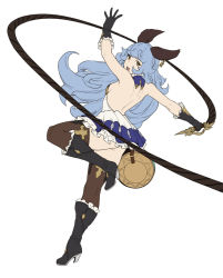 Rule 34 | 1girl, animal ears, arm up, backless outfit, bare back, black footwear, black gloves, blue hair, boots, breasts, brown eyes, brown thighhighs, erune, ferry (granblue fantasy), full body, gloves, granblue fantasy, granblue fantasy versus, highres, holding, holding whip, houtengeki, long hair, looking at viewer, medium breasts, open mouth, sideboob, simple background, solo, thighhighs, whip, white background