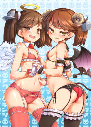 Rule 34 | 10s, 2girls, :d, angel and devil, angel wings, ass, black legwear, blush, bow, bow panties, bra, breasts, brown eyes, brown hair, covered erect nipples, demon horns, demon tail, demon wings, dual persona, fang, fang out, garter belt, garter straps, gloves, halo, horns, kantai collection, looking at viewer, multiple girls, naughty face, navel, open mouth, panties, pink bra, pink legwear, pink panties, pointy ears, red bra, red panties, ryuujou (kancolle), sheep horns, skindentation, small breasts, smile, smug, striped bra, striped clothes, striped panties, tail, thighhighs, twintails, underwear, underwear only, uousa-ou, vertical-striped bra, vertical-striped clothes, vertical-striped panties, white gloves, wings