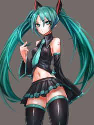 Rule 34 | 1girl, :&lt;, aqua eyes, aqua hair, bare shoulders, barefoot, black panties, black thighhighs, blush, breasts, detached sleeves, hair ornament, hatsune miku, highres, long hair, looking at viewer, midriff, navel, necktie, panties, pantyshot, playing with hair, playing with own hair, skirt, solo, taishi (artist), taishi (picchiridou), thighhighs, twintails, underwear, upskirt, very long hair, vocaloid