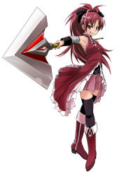 Rule 34 | 10s, 1girl, armpits, bare shoulders, boots, brown eyes, detached sleeves, female focus, foreshortening, full body, grin, highres, k2isu, knee boots, magical girl, mahou shoujo madoka magica, mahou shoujo madoka magica (anime), outstretched arm, polearm, ponytail, red hair, sakura kyoko, simple background, smile, solo, spear, standing, thighhighs, weapon, white background, zettai ryouiki