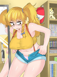 Rule 34 | 1girl, aged up, alternate costume, asha, bags under eyes, belly, blonde hair, blue hairband, blush, bookshelf, bow, braid, breasts, bulge, clothes pull, cookie (touhou), cosplay, covered erect nipples, creatures (company), curvy, erection, erection under clothes, eyebrows, fat rolls, game freak, gen 1 pokemon, green eyes, hair bow, hairband, hat, highres, large breasts, long hair, looking down, mars (cookie), meowth, mirror, misty (pokemon), misty (pokemon) (cosplay), navel, nintendo, open mouth, panties, pants, pants pull, pink panties, plump, pokemon, pokemon (anime), pokemon (classic anime), red hat, shorts, side braid, side ponytail, single braid, solo, stomach, suspender shorts, suspenders, sweat, sweatdrop, thick thighs, thighs, touhou, underboob, undersized clothes, underwear, wavy mouth, weight conscious