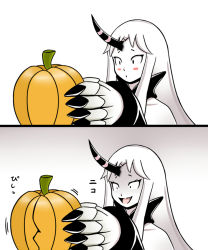 Rule 34 | 10s, 1girl, 2koma, abyssal ship, claws, colored skin, comic, crack, fang, horns, kantai collection, long hair, open mouth, pumpkin, roshiakouji-chan, seaport water oni, single horn, smile, solo, white hair, white skin