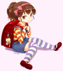 Rule 34 | 1girl, 2014, backpack, bag, brown hair, character request, dated, hairband, looking at viewer, mary janes, nagian, ponytail, randoseru, shirt, shoes, shorts, signature, sitting, solo, striped clothes, striped shirt, striped thighhighs, thighhighs