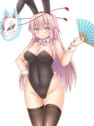 Rule 34 | 1girl, animal ears, bare arms, bare shoulders, blush, bow, bowtie, breasts, bright pupils, brown thighhighs, cleavage, covered navel, detached collar, fake animal ears, folding fan, fox mask, hand fan, hand on own hip, hata no kokoro, highleg, highres, jitome, large breasts, leotard, light smile, long hair, looking at viewer, mask, noh mask, paper fan, pink eyes, pink hair, playboy bunny, rabbit ears, rabbit tail, seductive smile, simple background, smile, solo, standing, string, tail, thigh gap, thighhighs, touhou, very long hair, white background, white pupils, wrist cuffs, yuu (yu0221f)