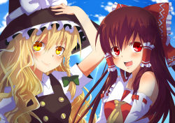 Rule 34 | 2girls, bad id, bad pixiv id, bare shoulders, blonde hair, bow, braid, brown hair, chirosuke, colorized, detached sleeves, female focus, hair bow, hakurei reimu, hand on headwear, hat, japanese clothes, kirisame marisa, long hair, miko, multiple girls, open mouth, pun2, red eyes, short hair, side braid, smile, touhou, upper body, witch, witch hat, yellow eyes