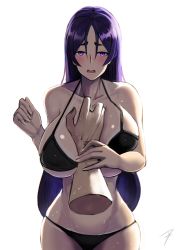 Rule 34 | 1boy, 1girl, bare arms, bare shoulders, bikini, black bikini, blush, breasts, collarbone, cowboy shot, disembodied hand, fate/grand order, fate (series), groin, hair between eyes, halterneck, hayabusa (vert 320), highres, large breasts, long hair, looking at viewer, minamoto no raikou (fate), open mouth, pov, pov hands, purple eyes, purple hair, simple background, solo focus, stomach, swimsuit, tan, tanline, very long hair, white background