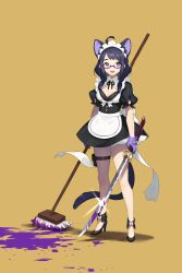 Rule 34 | 1girl, ahoge, animal ears, bell, black footwear, black hair, black ribbon, blood, blood sword, bloody weapon, bow, braid, breasts, cat tail, cleavage, colored blood, full body, glasses, gloves, high heels, highres, holding, holding mop, holding sword, holding weapon, holster, katana, lens flare, maid, maid headdress, medium breasts, medium hair, mop, ni02 (asahi nini), open mouth, original, puffy sleeves, purple blood, purple eyes, purple gloves, ribbon, semi-rimless eyewear, simple background, smile, solo, standing, sword, tail, thigh holster, under-rim eyewear, weapon, white bow, yellow background