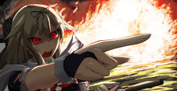 Rule 34 | 10s, 1girl, backlighting, commentary, explosion, fangs, fire, glowing, glowing eyes, hair flaps, hair ornament, hair ribbon, hairclip, highres, kanoreno (rugia-anko), kantai collection, open mouth, pointing, red eyes, ribbon, scratches, shouting, solo, yuudachi (kancolle), yuudachi kai ni (kancolle)
