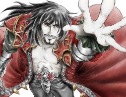 Rule 34 | 1boy, abs, armor, bare pectorals, black hair, castlevania (series), castlevania: lords of shadow, colored skin, commentary, dracula, dracula (castlevania), facial hair, fingernails, foreshortening, gabriel belmont, gauntlets, glint, gold trim, kousetu12, long fingernails, long hair, male focus, messy hair, muscular, pale skin, pectorals, pointy ears, reaching, reaching towards viewer, red eyes, smile, smirk, solo, standing, translation request, vampire, very long fingernails, white skin